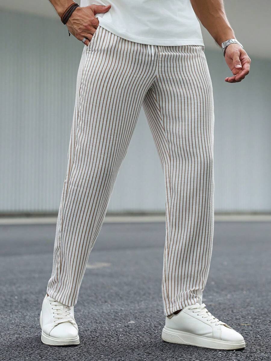 Manfinity Homme 男士条纹印花口袋抽绳腰时尚裤 - 卡其色 - 查看 1