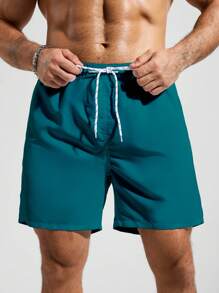 Zalmeno 男士休闲宽松抽绳腰休闲沙滩短裤，夏季蓝绿色泳裤男士绿色泳裤男士泳装男士沙滩装 - 墨綠色 - 查看 4