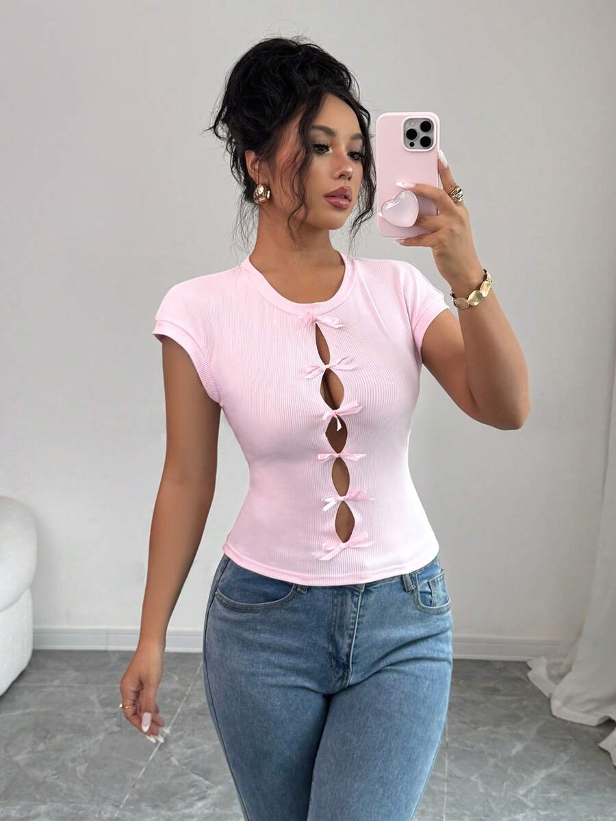 Chiquease Camiseta de mujer elegante y sexy con diseño calado de mariposa - Rosa - Ver 1