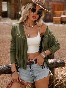 SHEIN VCAY Chaqueta de mujer de unicolor con flecos en el frente abierto para otoño/invierno - Verde militar - Ver 4