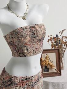 SHEIN Unity 2pcs/Set Women Bandeau Top And Tassel Hem Shorts Set - Khaki - View 4