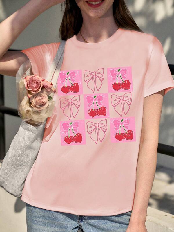 INAWLY Camiseta gráfica de cuello redondo coqueta con estampado de lazo de cereza a cuadros, ideal para el Día de San Valentín