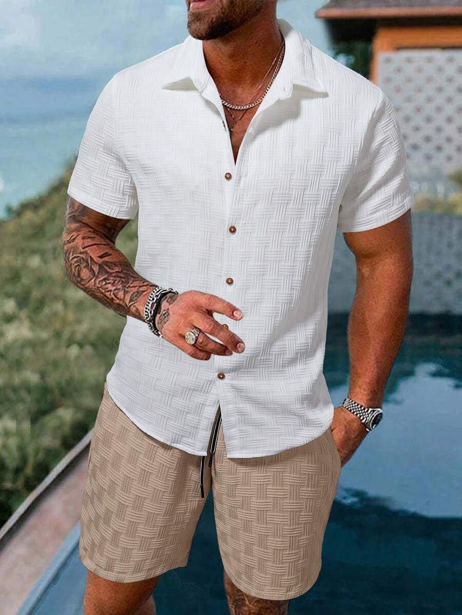 Manfinity Homme Bộ 2 áo sơ mi và quần short họa tiết trơn màu thường ngày mùa hè cho nam - trắng - Xem 1