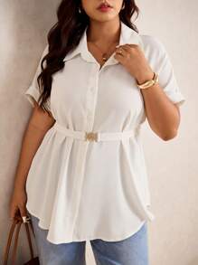 Elaquor Plus Size Casual Commuting Metal Buckle Waist Batwing Sleeve Blouse - White - View 5