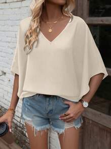 EMERY ROSE Casual Minimalist Solid Color Batwing Sleeve Shirt For Holiday - Apricot - View 6