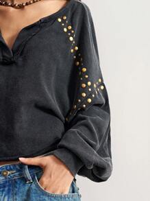 Bohemela BOHO 美式复古休闲女式水洗纯色西部风针织铆钉半拉链 V 领长袖宽松卫衣，夏秋季