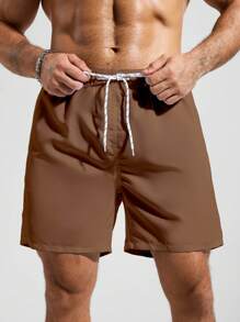 Manfinity KASUA 男士纯色沙滩短裤，休闲度假 - 咖啡棕 - 查看 3