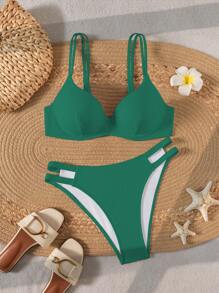Swim Basics 2 件套女士沙滩聚拢比基尼套装，简约纯色纹理面料，细肩带，夏季度假 - 綠色 - 查看 4