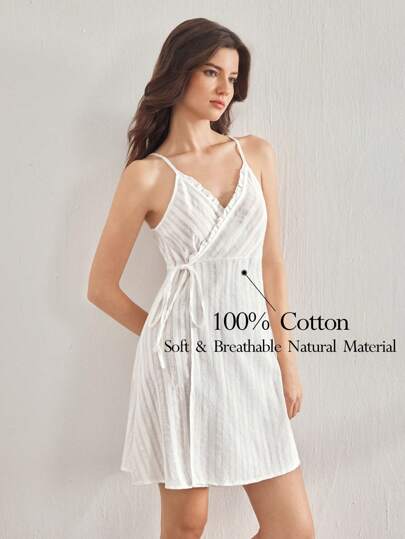 Ocili 100% 纯棉舒适条纹纹理吊带背心迷你吊带裙，女士侧系带