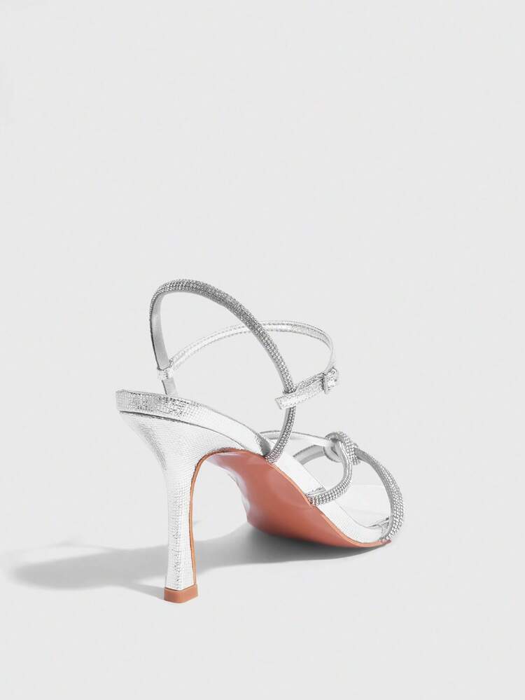 CUCCOO SZL Women's Silver Metallic PU Mixed Silver Rhinestone Strappy Round Toe Elegant Sexy High Heel Sandals, Suitable For Party And Nightclubs