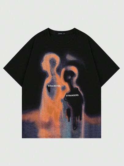 Grunge Punk Men's Retro Streetwear Thermal Image Person Print Short Sleeve T-Shirt, 2000s Style