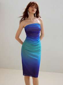 MOTF STUDIO OMBRE PRINT RUCHED SLIM FIT TUBE MIDI DRESS