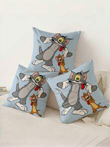 TOM & JERRY X SHEIN Bộ vỏ gối có thể tháo rời dùng làm vỏ gối ngủ/tựa lưng/trang trí, phụ kiện giường ngủ trong phòng ký túc xá (chỉ có vỏ vuông, không có ruột) - Màu xanh nhạt - Xem 6