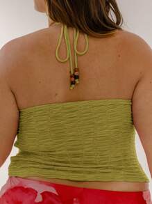 Aralina 曲线加大码褶饰挂脖修身露背系带外出上衣 - 芥末黃 - 查看 2