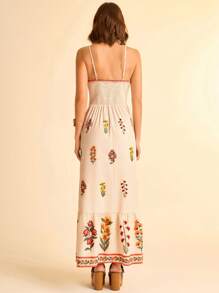 CAJUNI Women's Holiday Boho Colorful Tropical Floral Print With Spaghetti Straps Back Elastic Waist A-Line Summer Beige Holiday Long Dress