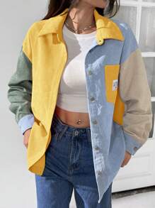 SHEIN EZwear Áo khoác nhung kẻ vá chữ vai trễ màu - Nhiều màu - Xem 3