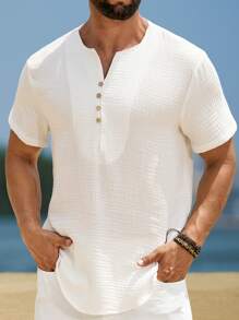 Manfinity Homme Men's 100% Cotton Crew Neck Short Sleeve Shirt Men Vacation Tops Men Summer Tops - White - View 5