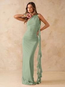 SHEIN BAE Spring & Summer Solid Color Asymmetric Ruched Backless Long Mesh Ruffled Hem Elegant Dress, Beach Vacation Dress,Valentine's Day,Valentine Outfits For Women - Mint Green - View 5