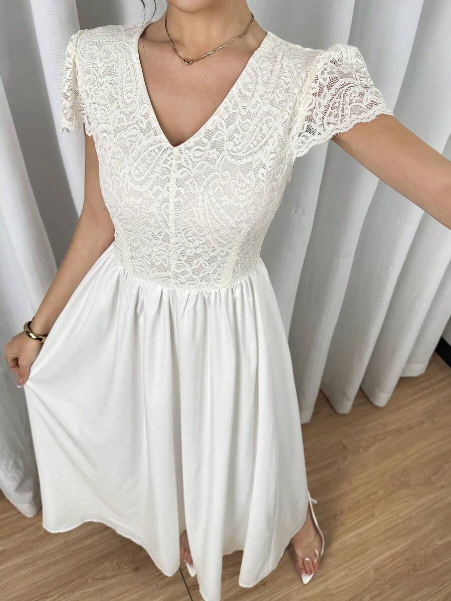 Modelyn Vestido elegante de unicolor con parches de encaje, estilo francés, para fiesta de verano - Blanco - Ver 1