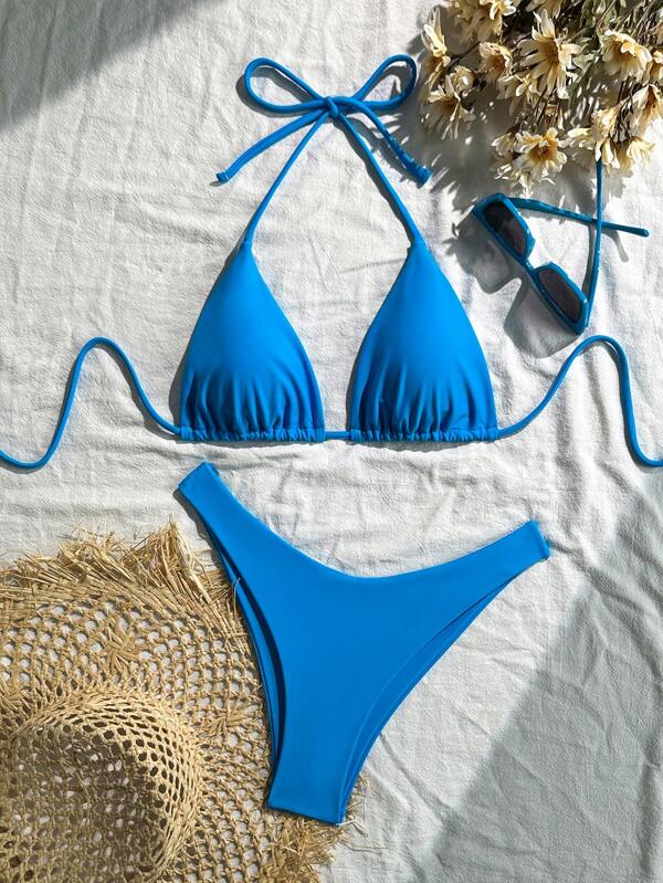 SHEIN Swim Women's Solid Color Halter Tied Bikini Set