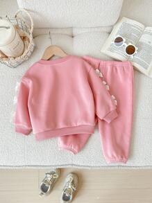 SHEIN LMoss Kids Babygirl Bowknot Decor Pink Long Sleeve Sweatshirt & Elastic Waist Pants 2 Pieces Set, Autumn/Winter Baby Girl Sweat Set Baby Girl Long Sleeve Set Pink Baby Girl Outfit Baby Girl Casual Set Baby Girl Clothes Fall