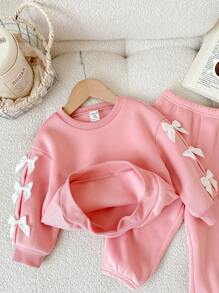 SHEIN LMoss Kids Babygirl Bowknot Decor Pink Long Sleeve Sweatshirt & Elastic Waist Pants 2 Pieces Set, Autumn/Winter Baby Girl Sweat Set Baby Girl Long Sleeve Set Pink Baby Girl Outfit Baby Girl Casual Set Baby Girl Clothes Fall