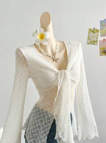 Soleia V-Neck Tie Waist Flare Sleeve Textured Fabric Long Sleeve Casual Blouse - Apricot - View 4