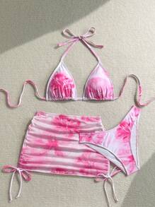 Soleia 3pcs/Set Women Floral Print Beach Bikini Set With Coverup And Mini Skirt - Multicolor - View 4