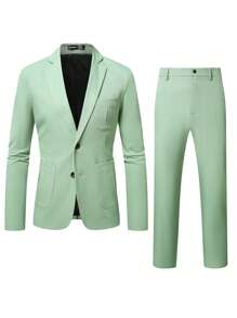 Manfinity Bizformal 2pcs/Set Men's Casual Business Simple Solid Color Long Sleeve Blazer And Pants Suit Mint Green Suit Men Green Suit Slim Fit Suit Men Summer Suit Green 2 Pieces Suit Men, Old Money Style - Olive Green - View 3