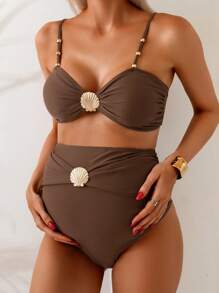 SHEIN Damen eleganter Urlaubs-Metallic-Muschel-Perlen-Halter Bikini mit hoher Taille und Bauchkontrolle in Braun