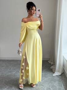 Selianne 女式新款优雅3D花卉束腰黄色长裙