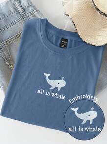 INAWLY maglietta con scollo a equipaggio ricamata con balena e slogan