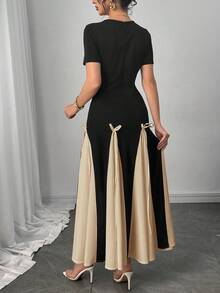 Modelyn Elegant & Romantic Bowknot Design Contrast Panel Long Sleeve Dress For Women, Spring/Summer