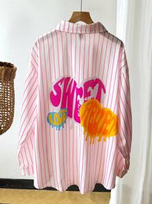 SHEIN 加大码条纹数码印花衬衫，背面图案印花，心形、英文单词和泼墨，休闲舒适，日常衬衫，适合家庭/母女穿着 - 彩色 - 查看 1