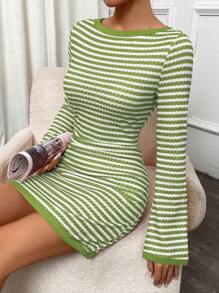 INAWLY Women's Long Sleeve Striped Mini Graduation Dress, Fashionable For Summer Fall Cloth For Women - Green - View 4