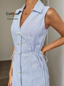Easowa 女式夏季休闲无袖连衣裙，前开襟，海军蓝和白色条纹航海风格，适合休闲、度假、休闲通勤 - 藍白色 - 查看 7