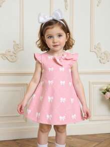 SHEIN 女婴纹理蝴蝶结前片甜美梦幻蓝色连衣裙 - 淺粉色 - 查看 5