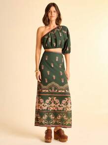 CAJUNI 2pcs/Set Printed Lantern Sleeve Top And Slit Hem Skirt - Multicolor - View 1