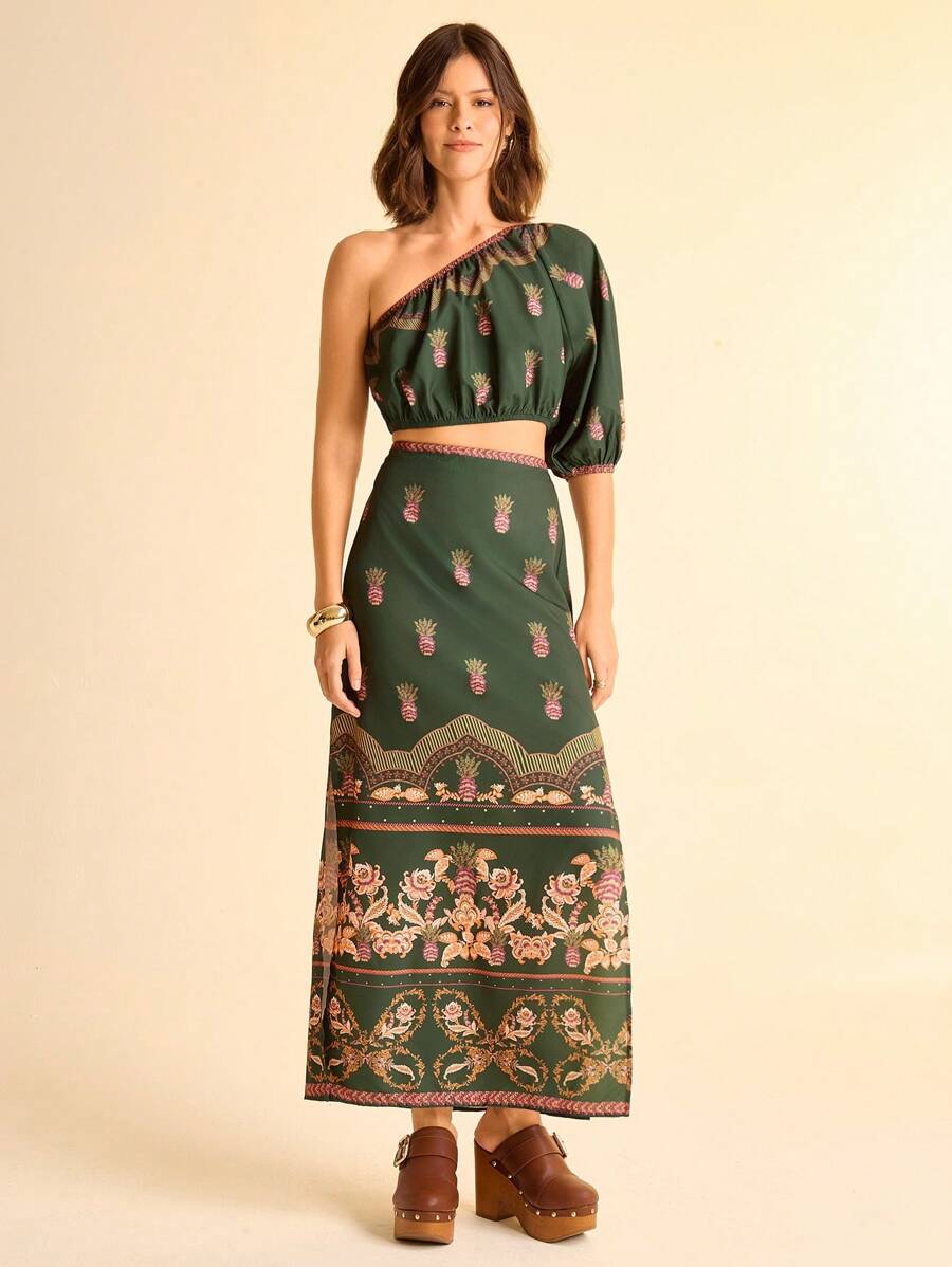 CAJUNI 2pcs/Set Printed Lantern Sleeve Top And Slit Hem Skirt - Multicolor - View 1