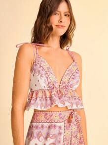 CAJUNI Women's Boho Multi-Color Plant Print Backless Racerback Camisole With Tie Shoulder Straps, Vacation Style - Multicolor - View 4