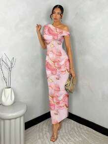 SHEIN BAE Elegant Women Casual Asymmetric Ruched Bodycon Dress, Suitable For Summer Chic Dress - Pink - View 2