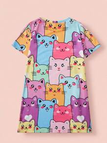 SHEIN Tween Girl Oversized Cat Print Knitting Round Neck Casual Dress