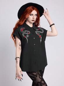 ROMWE Goth Blusa de mujer con bordado de estilo gótico de serpiente y flores