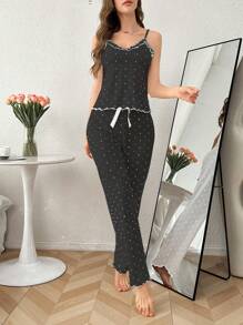 两件套波尔卡圆点印花无袖上衣和裤子睡衣套装 - 黑色 - 查看 5
