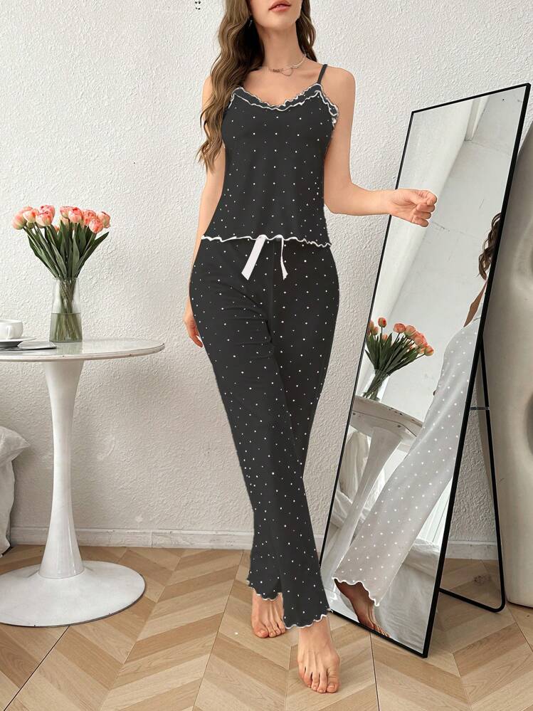 DUSKBASE 2pcs Polka Dot Print Sleeveless Top And Pants PJS Polka Dot PJS PJSs For Women Black Two Piece Sleepwear Set Cami PJS Sleep Wear Women 2 Piece Set - Black - View 5