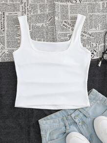 少女休闲百搭百搭日常度假褶饰白色短款修身背心 - 白色 - 查看 2