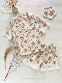 2 件套少女粉色花朵蕾丝花边荷叶边领短袖上衣和短裤睡衣套装 - 粉色 - 查看 1