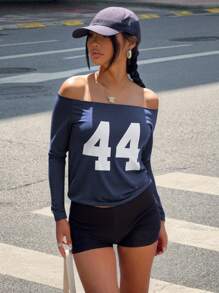 Women's Casual Off-Shoulder Long Sleeve Digital Print T-Shirt For Spring And Summer Graphic Tees Women Tops For Spring - Navy Blue - View 7