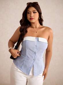 Elaquor Regata Feminina Plus Size com Estampa Listrada Contraste e Botão Único