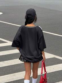 Muchica 女士新款夏季宽松黑色字母图案短袖T恤，适合返校季穿着 - 黑色 - 查看 2